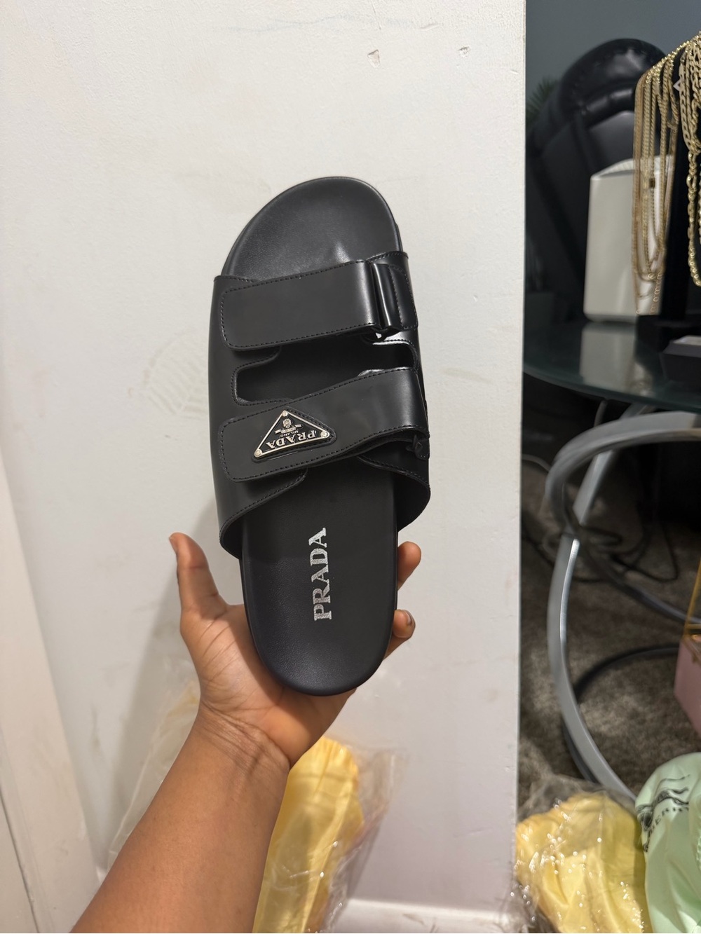 Prada Black Men’s Slide Sandals with Logo Plaque